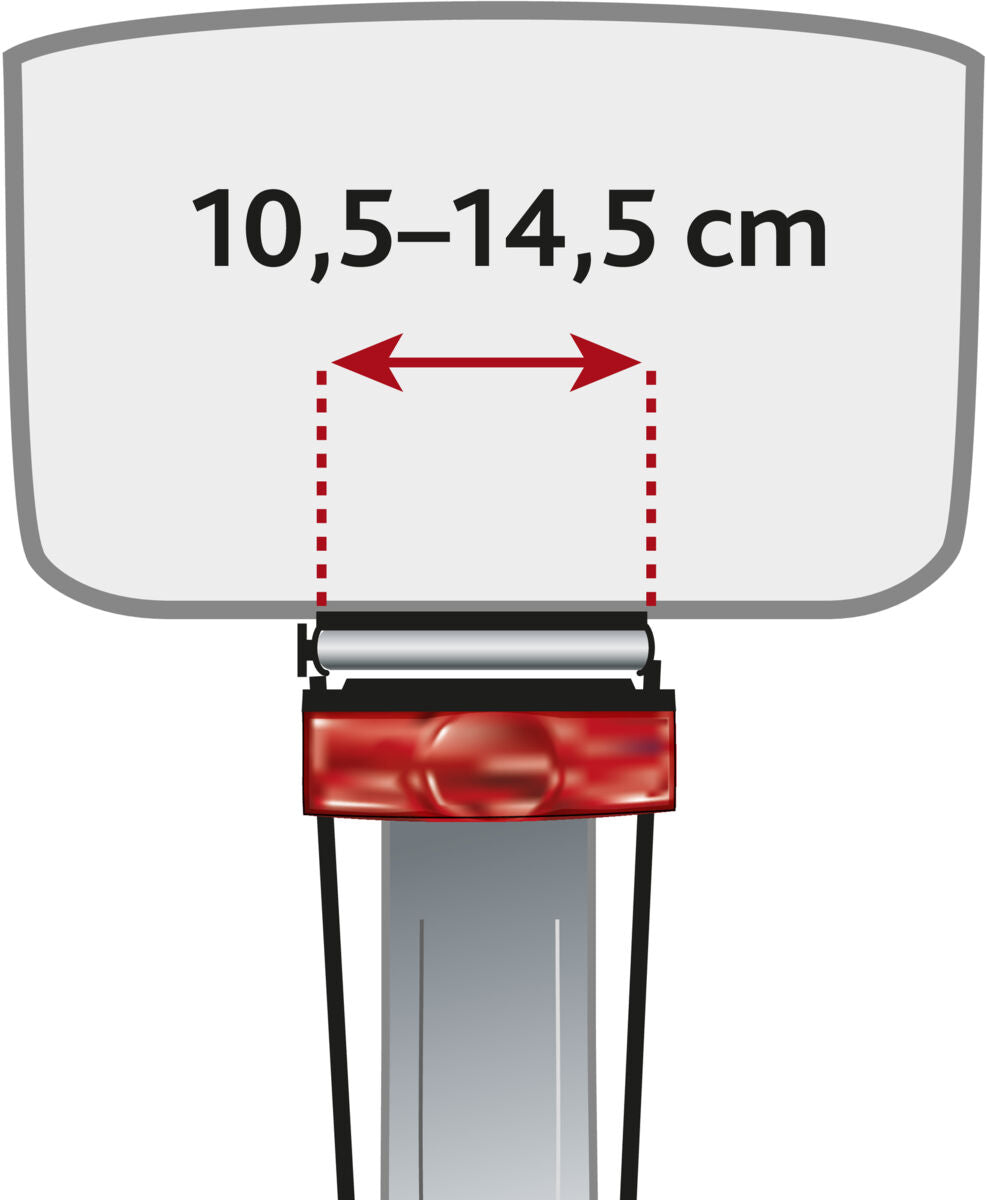 Illustration eines Messinstruments mit rotem Sockel und Anzeige von 10,5–14,5 cm in schwarzer Schrift.