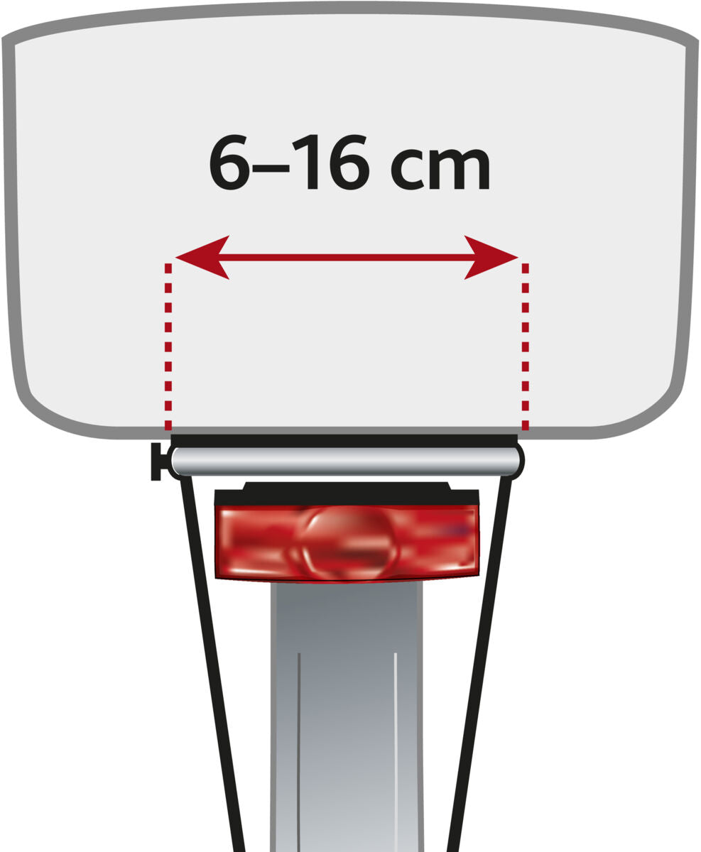 Illustration einer Aufnahmevorrichtung mit Breitenangabe 6–16 cm und roten Markierungen auf grauem Hintergrund.