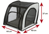 Schwarzer und weißer Fahrradanhänger mit Netzwänden, 37 cm hoch, 40 cm breit und 44 cm lang, ohne Bezug zu einer Tierart.