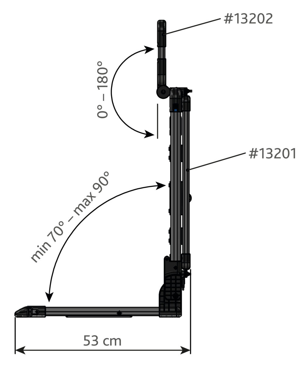 Seitliche technische Zeichnung eines klappbaren Mechanismus mit Winkeln 0–180° und 70–90°, Breite 53 cm.