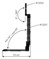 Seitliche technische Zeichnung eines klappbaren Mechanismus mit Winkeln 0–180° und 70–90°, Breite 53 cm.