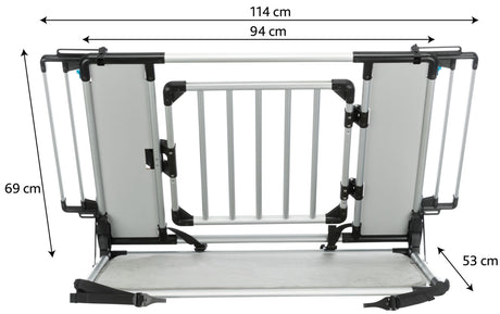 Metallrahmen mit den Maßen 114 cm in der Breite, 94 cm Höhe und 53 cm Tiefe, versehen mit schwarzen Verbindungsstücken.