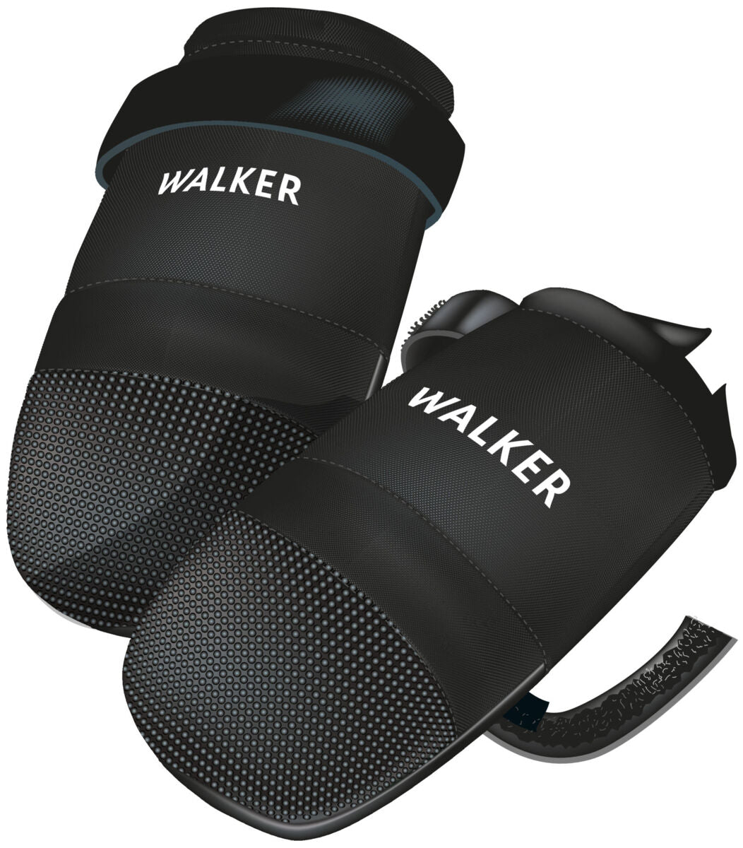Schwarze Hundeschuhe mit der Aufschrift "WALKER", flexible Sohle mit rutschfestem Noppenprofil.