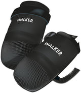 Schwarze Hundeschuhe mit der Aufschrift "WALKER", flexible Sohle mit rutschfestem Noppenprofil.