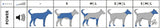 Diagramm zur Geräuschreaktion bei Hunden in verschiedenen Größen und Körperbereichen, mit blauen und grauen Markierungen.