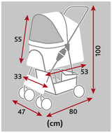 Illustration eines Kinderwagens mit Maßangaben in Zentimetern: Höhe 100, Länge 80, Breite 47, weitere Maße 55, 53, 33.