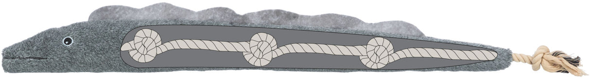 Graues Stoffspielzeug in Form eines Tieres mit mehreren Knoten im Inneren und einem Seil am Ende.