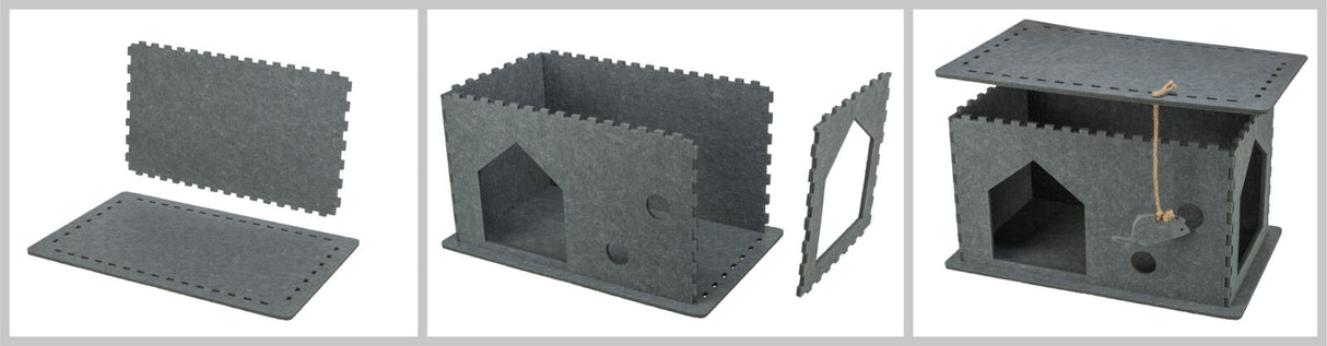 Dreiteilige graue Filz-Höhle mit Aufbauanleitung, rechteckige Form, zusammengebaute Version mit Spielzeug an Schnur.