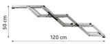 Silberne, faltbare Aluleiter mit einer Länge von 120 cm und einer Höhe von 50 cm im ausgeklappten Zustand.
