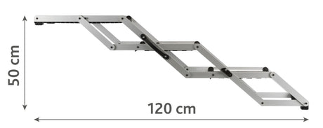 Silberne, faltbare Aluleiter mit einer Länge von 120 cm und einer Höhe von 50 cm im ausgeklappten Zustand.