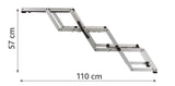 Metallische Teleskopleiter mit 57 cm Höhe und 110 cm Länge, bestehend aus mehreren Scharniersegmenten.