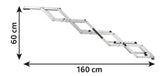 Eine weiße, ausziehbare Treppe in Zickzackform mit schwarzen Details, 60 cm hoch und 160 cm lang.