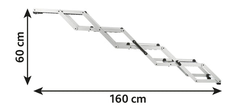 Eine weiße, ausziehbare Treppe in Zickzackform mit schwarzen Details, 60 cm hoch und 160 cm lang.