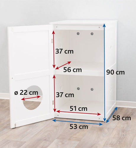 Weißer Schrank mit offenem Türchen, zwei Regalböden, Kreisöffnung Ø 22 cm, Gesamtmaße: 90 x 58 x 53 cm.