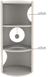 Hohes, rundes Regal mit drei Fächern und einem hängenden Ball, Durchmesser der Öffnungen 16 cm.