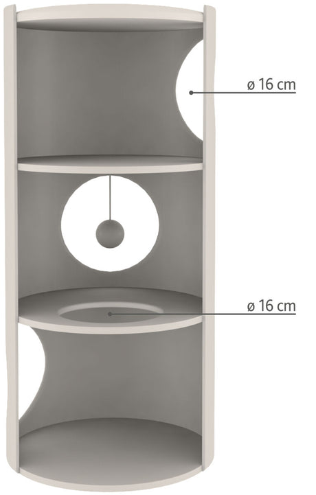 Hohes, rundes Regal mit drei Fächern und einem hängenden Ball, Durchmesser der Öffnungen 16 cm.