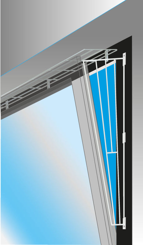 Ein blau-graues Fenster mit offenem Flügel, an einer Wand montierte Halterung, perspektivische Darstellung.