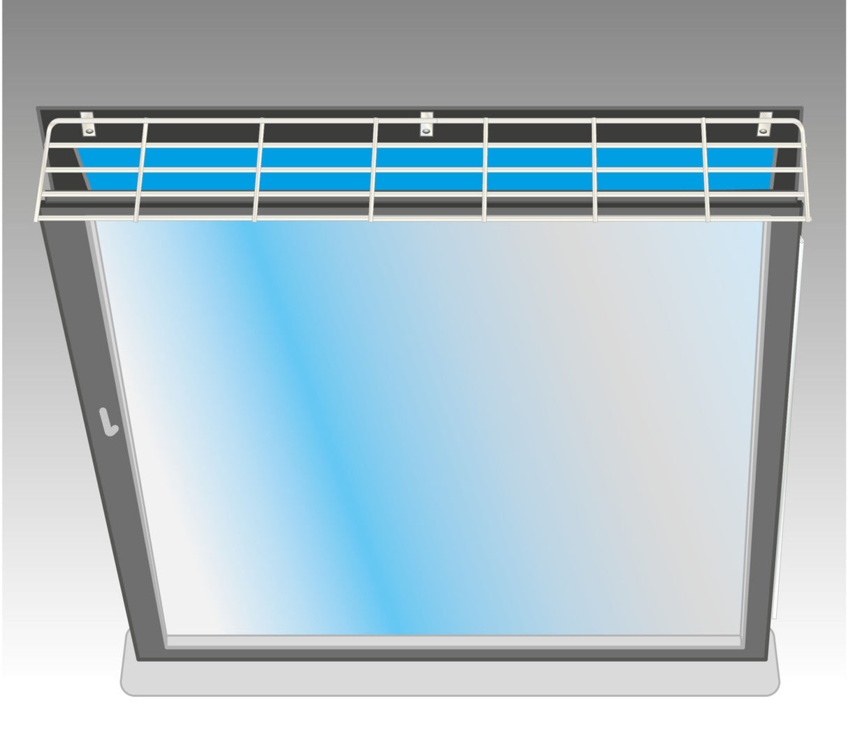 Illustration eines Fensters mit einem darüber montierten weißen Gitter und blauem Himmel im Hintergrund.