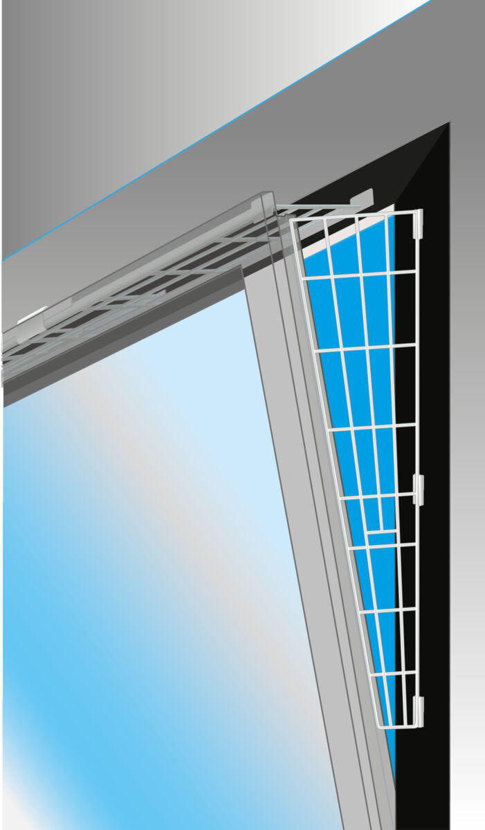 Silberner Rahmen mit blauem Glas und silbernem Gitter an der Seite, vor grauem Hintergrund.