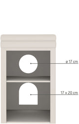 Ein weißer zweistöckiger Schrank mit runden und rechteckigen Öffnungen, Maße: ø 17 cm und 17 x 20 cm.