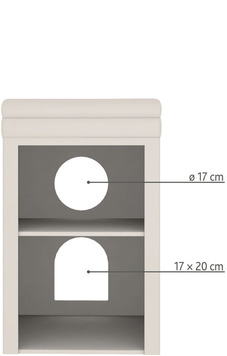 Ein weißer zweistöckiger Schrank mit runden und rechteckigen Öffnungen, Maße: ø 17 cm und 17 x 20 cm.