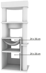 Weißer Turm mit mehreren Plattformen und runden Säulen, Hängematte von 24x36 cm, Regalfach von 24x26 cm.