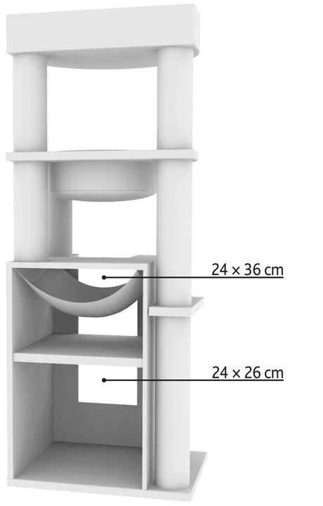 Weißer Turm mit mehreren Plattformen und runden Säulen, Hängematte von 24x36 cm, Regalfach von 24x26 cm.