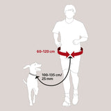 Illustration eines Joggers neben einem Hund, Verbindung durch eine rote Linie von 60-120 cm Länge, schwarzer Pfeil 100-135 cm/25 mm.