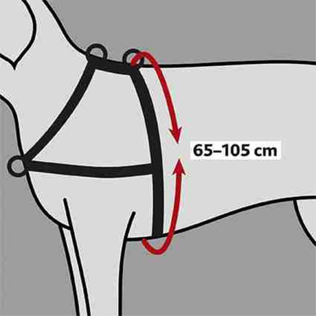 Hundegeschirr-Abbildung mit Maßangabe 65–105 cm für den Brustumfang, schwarzes Geschirr auf grauem Hintergrund.
