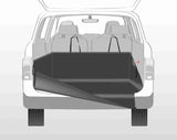 Geöffneter Kofferraum eines Autos mit ausgeklappter schwarzer Schutzmatte, die den Kofferraumboden und die Stoßstange abdeckt.