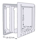 Schemazeichnung einer Türöffnung mit Abmessungen von 15,8 cm Höhe und 14,7 cm Breite, Dicke 1,0–3,5 cm.