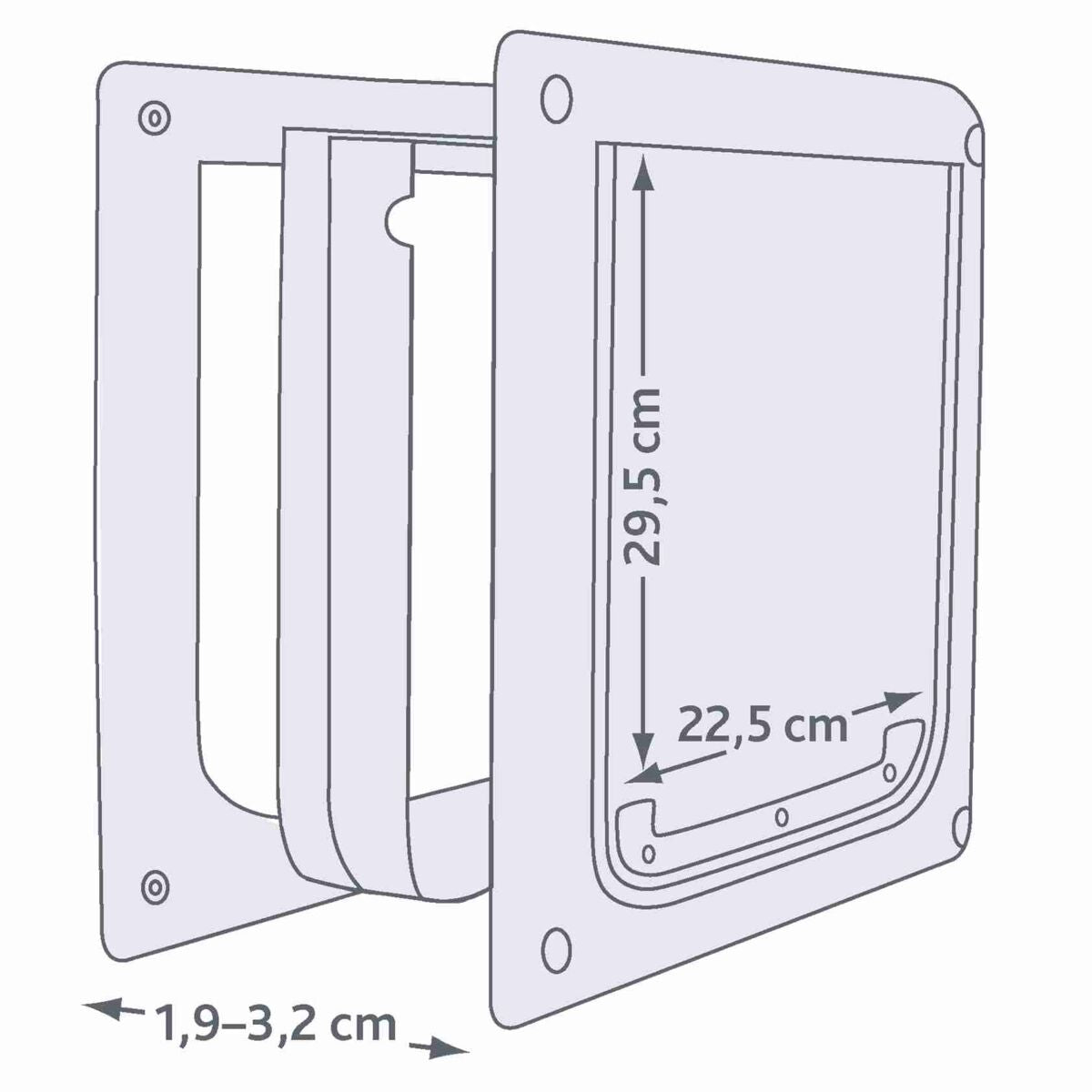Schema einer Katzenklappe mit den Maßen 29,5 cm Höhe, 22,5 cm Breite und Einbautiefe 1,9-3,2 cm.