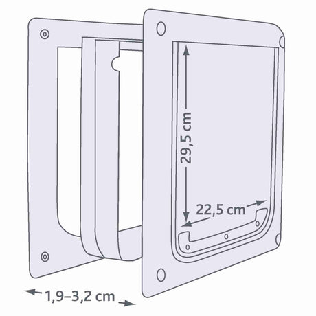 Schema einer Katzenklappe mit den Maßen 29,5 cm Höhe, 22,5 cm Breite und Einbautiefe 1,9-3,2 cm.