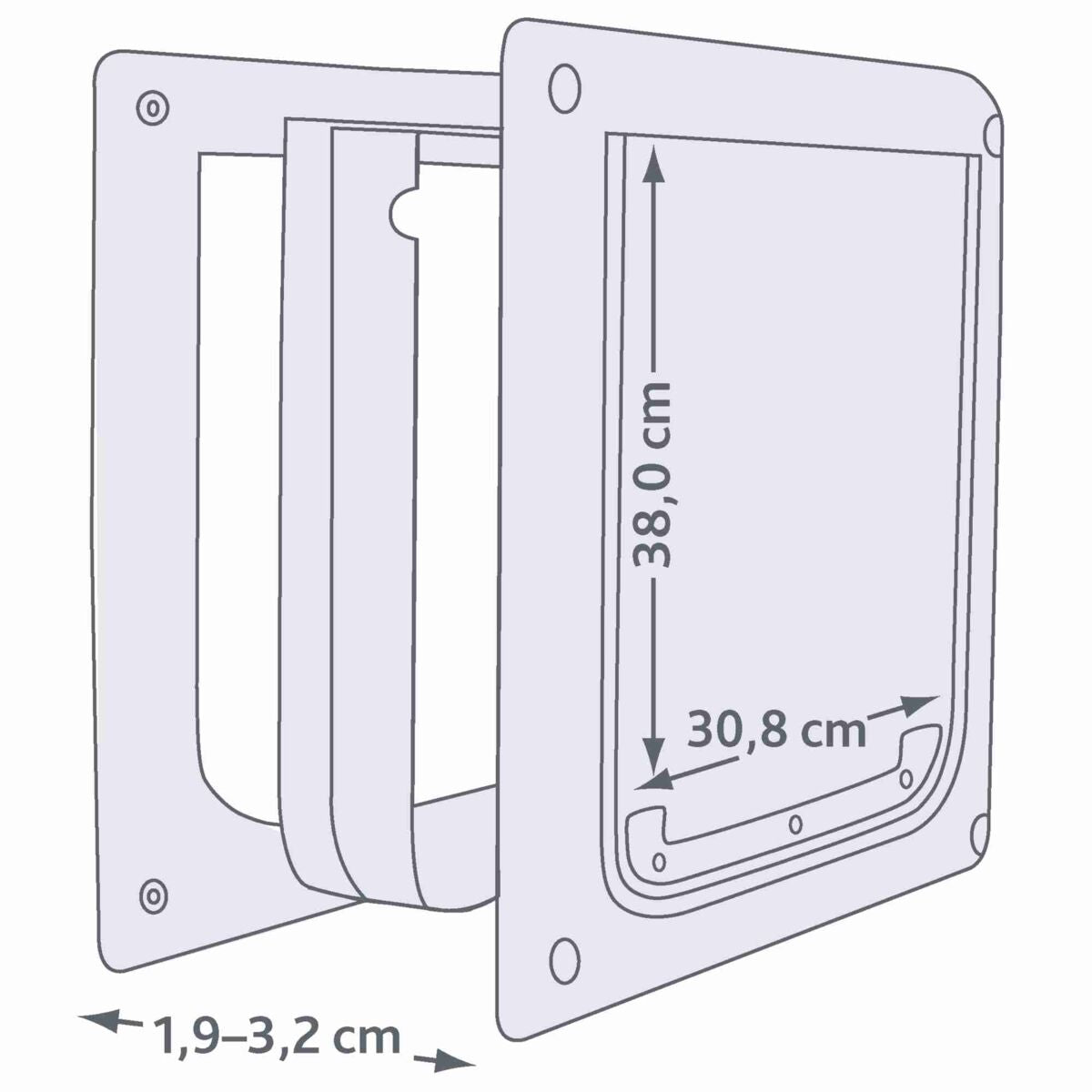 Illustration einer rechteckigen Klappe mit Maßen 38,0 cm Höhe, 30,8 cm Breite und 1,9–3,2 cm Tiefe.