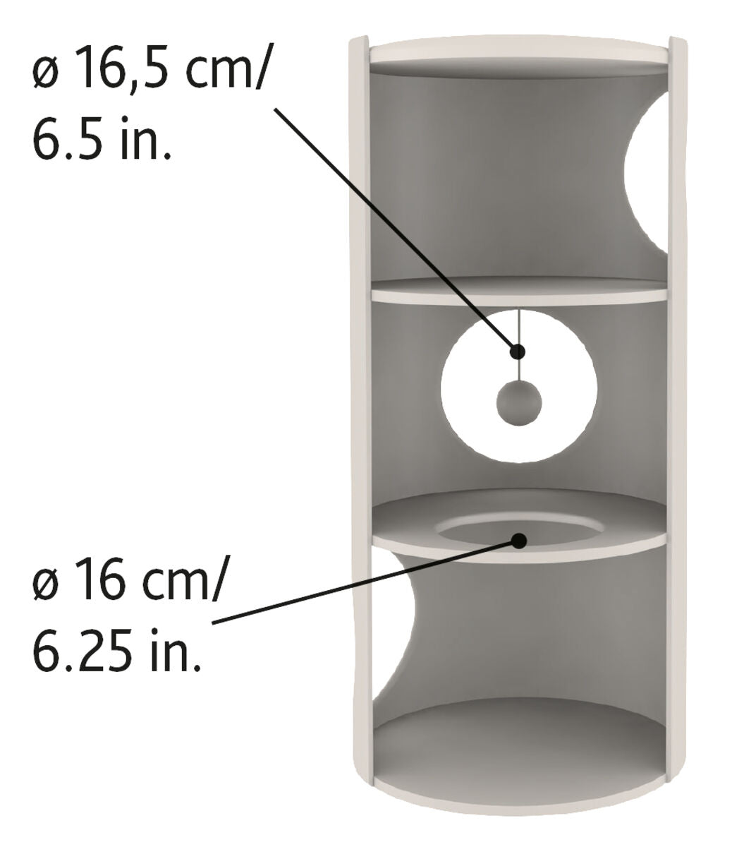 Grauer zylindrischer Turm mit runden Öffnungen und zwei Plattformen, obere mit hängendem Ball; Maße Ø 16,5 cm und Ø 16 cm.