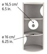 Grauer zylindrischer Turm mit runden Öffnungen und zwei Plattformen, obere mit hängendem Ball; Maße Ø 16,5 cm und Ø 16 cm.