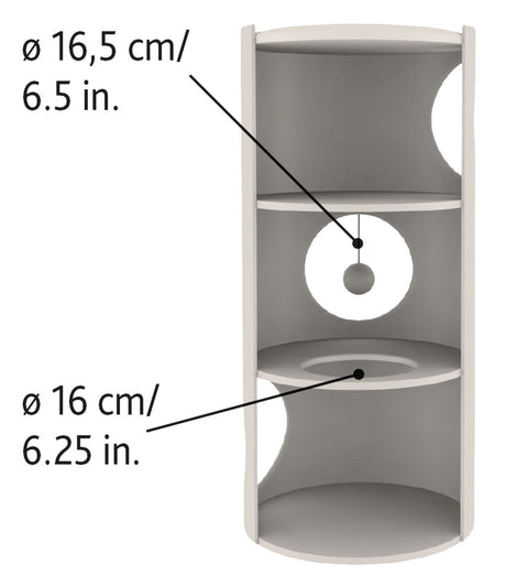 Grauer zylindrischer Turm mit runden Öffnungen und zwei Plattformen, obere mit hängendem Ball; Maße Ø 16,5 cm und Ø 16 cm.