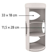 Grauer zylindrischer Turm mit drei Etagen, Abmessungen 33 × 18 cm und 11,5 × 28 cm, kreisförmige Öffnungen.