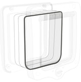 Transparente, rechteckige Klappe mit abgerundeten Ecken und schwarzem Rand, vor einer schematischen Darstellung eines Gerätes.
