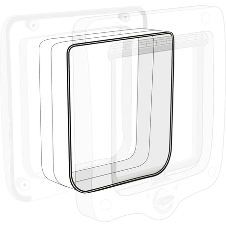 Transparente, rechteckige Klappe mit abgerundeten Ecken und schwarzem Rand, vor einer schematischen Darstellung eines Gerätes.