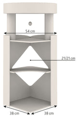 Weißes, dreieckiges Regal mit zwei Ebenen und runden Elementen oben; Maße: 54 cm breit, 38 cm tief, 21/21 cm hoch.