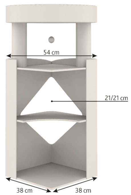 Weißes, dreieckiges Regal mit zwei Ebenen und runden Elementen oben; Maße: 54 cm breit, 38 cm tief, 21/21 cm hoch.