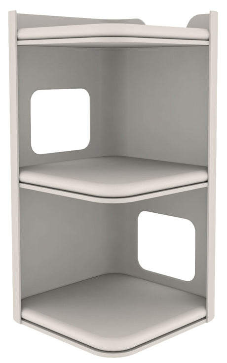 Graues Eckregal mit zwei Ebenen, jede mit quadratischen Ausschnitten an den Seiten, schlichtes Design.