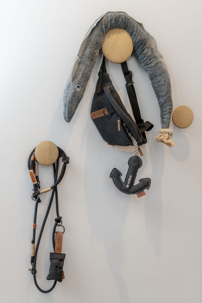 Eine schwarze Hundeleine und ein dunkelgrauer Rucksack hängen an Holzknoten neben einem Anker-Spielzeug.