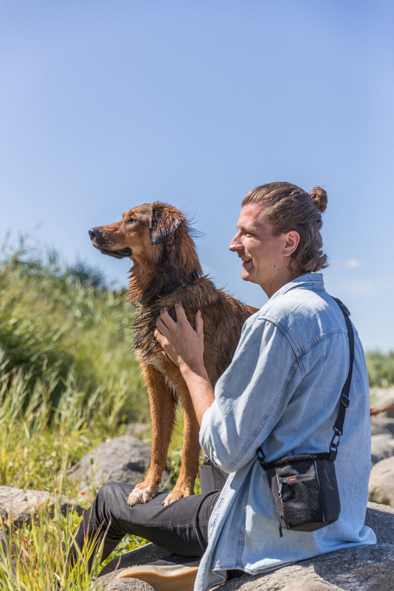 Eine Person sitzt mit einem Hund auf einem Stein, umgeben von grüner Natur und blauem Himmel.