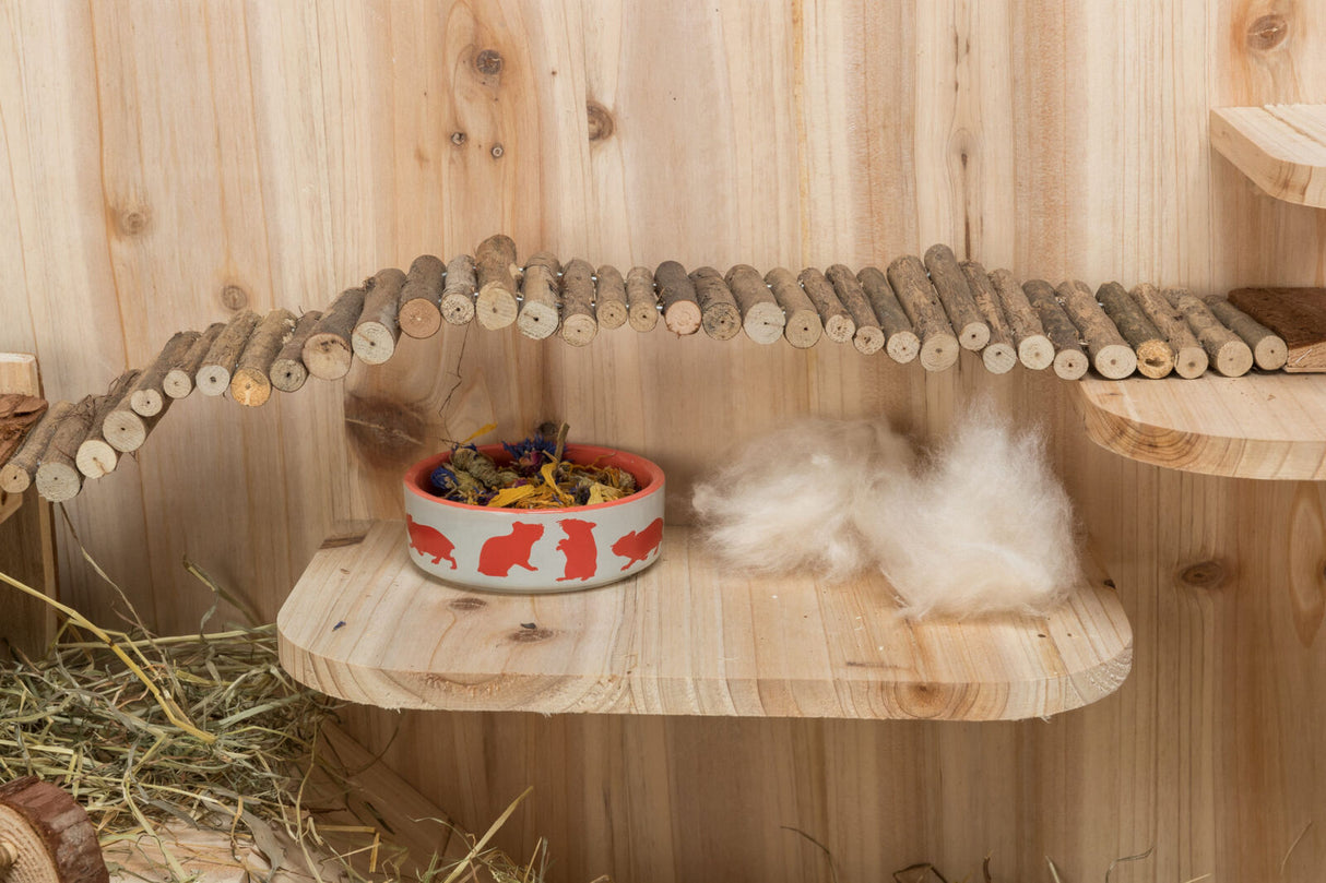 Holzplattform mit Futternapf und Brücke aus Ästen, darüber Holzstreu und Heu.