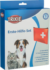 Verpackung eines Erste-Hilfe-Sets von Trixie mit Bildern eines Hundes und einer Katze sowie einem roten Erste-Hilfe-Täschchen.