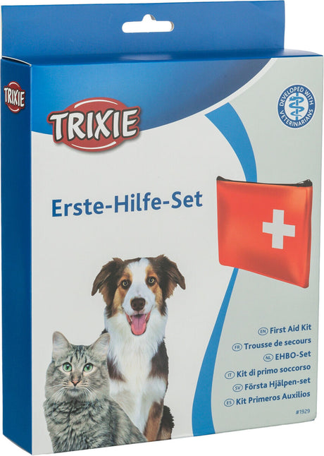 Verpackung eines Erste-Hilfe-Sets von Trixie mit Bildern eines Hundes und einer Katze sowie einem roten Erste-Hilfe-Täschchen.