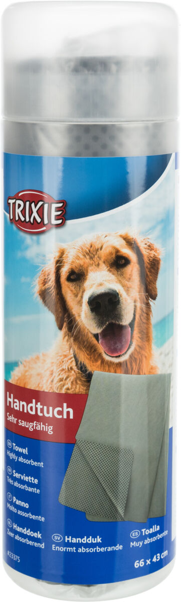 Behälter mit Aufschrift "Trixie Handtuch", zeigt ein lachender Hund und ein graues, sehr saugfähiges Handtuch.