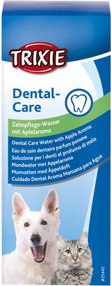 Verpackungsschild für Zahnpflege-Wasser mit Apfelaroma, zeigt Hund und Katze, Markenname Trixie oben.